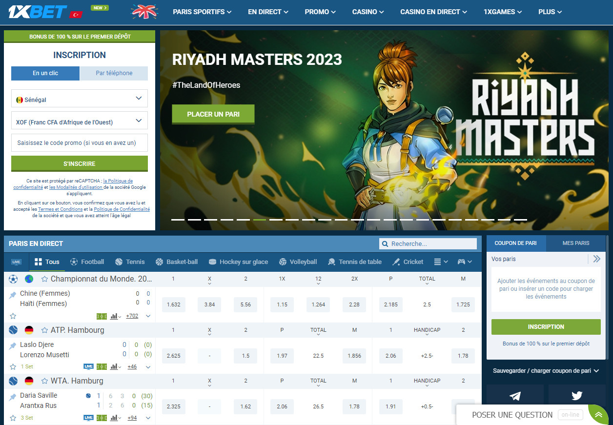 Page principale du site 1xBet
